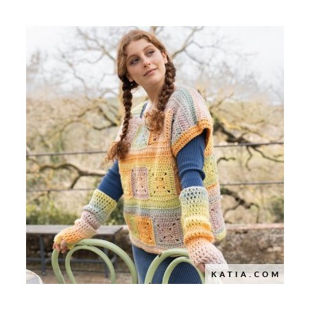 Modèle Pull sans manches et mitaines au crochet en Funny Aztéca de Katia