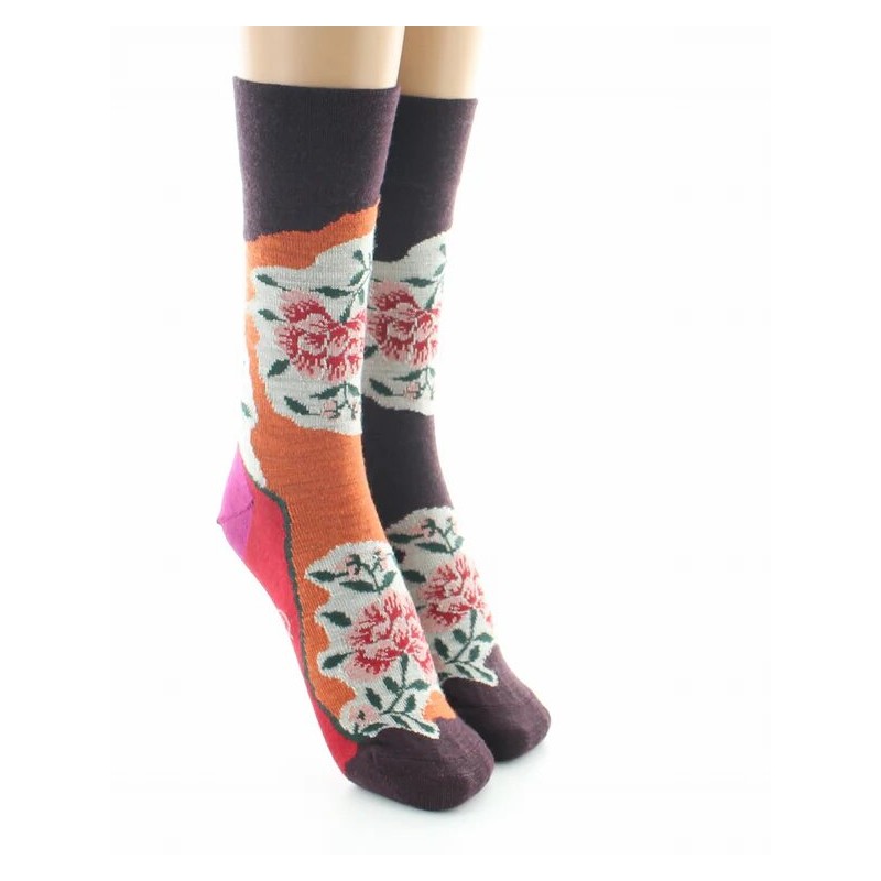 Chaussettes Femme Berthe Aux Grands Pieds - Fleurs sur fond orange et bordeaux