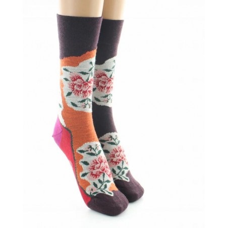 Chaussettes Femme Berthe Aux Grands Pieds - Fleurs sur fond orange et bordeaux