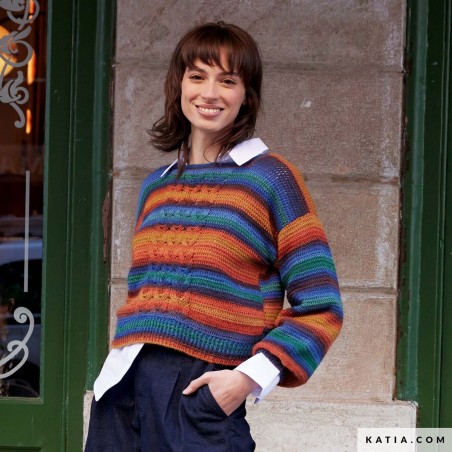 Pull rayé au crochet avec Silky Lace Rainbow de Katia Concept Pull rayé au crochet avec Silky Lace Rainbow de Katia Concept