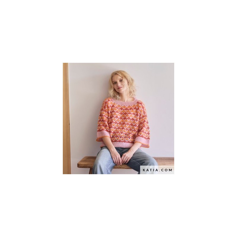 Pull au crochet en 3 couleurs avec SILKY MOHAIR Laine de Katia