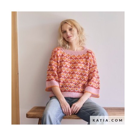 Pull au crochet en 3 couleurs avec SILKY MOHAIR Laine de Katia