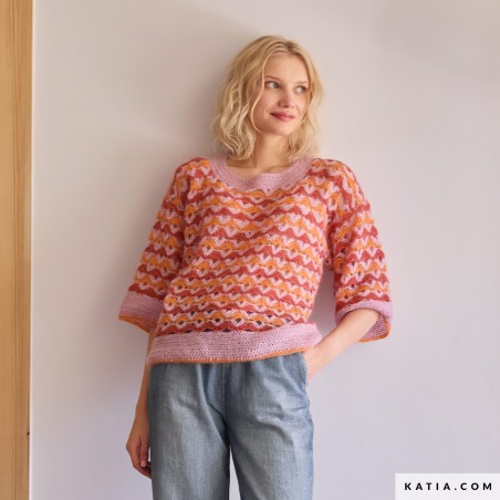 Pull au crochet en 3 couleurs avec SILKY MOHAIR Laine de Katia